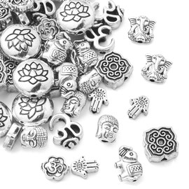 UR URLIFEHALL 80 Pcs 8 Styles Tibetan Silver Religious Spacer Beads Hamsa Hand Elephant Buddha Flower Beads for Jewelry Making DIY Crafts