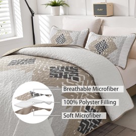 Dintszyayue Boho Quilt California King Size,3 Piece Aztec Texture Bedspread Coverlet Set Khaki Soft Quilt Set Lightweight Bedding Set Geometric Bohemian Bedspread with 2 Pillowcases(Khaki,96"x112")