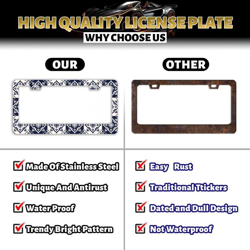 Mexican Tiles Print Boho License Plate Frame Stainless Steel Metal