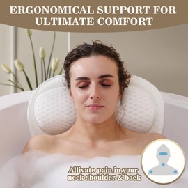 Bath Pillow Luxury Bathtub Pillow, Extra Soft & Comfortable Bath Pillows for Tub Head Neck and Back Support, with 4D Air Mesh Cushions & Non-Slip Suction Cups - Bath Accessories Spa Gifts for Women