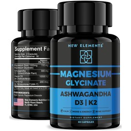 Magnesium Glycinate 1500mg with Ashwagandha 300mg + Vitamin D3 10,000 IU & K2 (MK-7) 200mcg – Stress Relief, Calm Mood & Bone Support – High Absorption Vegan Capsules – Non-GMO