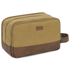 WANDF Travel Toiletry Bag for Men Hanging Dopp Kit Canvas Toiletry Organizer Water-Resistant Vegan Leather Shaving Bag for Toiletries Accessories (Khaki)