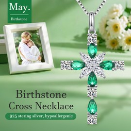 JiaYangJY Sterling Silver Cross Necklace for Women, May Emerald Cubic Zirconia Double Cross Pendant Faith Jesus Christians Jewelry
