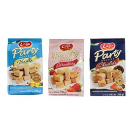Gastone Lago Party Variety Wafers Cream Filling 8.82 oz, 250g (Pack of 3) (Chocolate / Vanilla / Strawberry, 3-Pack)