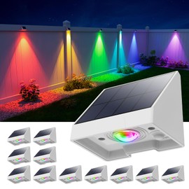 12 Pack Color Changing Solar Powered Fence Lights Outdoor Decorative LED Waterproof Yard Lighting for Outside Wall, Deck, House Patio, Rail, Backyard, 8 Colorful Modes, Easy Install (White Shell)