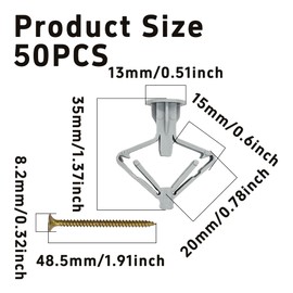 Runseaway 50 Sets Drywall Anchor Kit, Self-Drilling Hollow Wall Anchors with Screws, Plastic Expansion Anchors for Drywall, Gypsum Board, Plasterboard, Gray