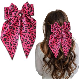 Leopard Hair Clips for Women YEFIUO Bow Hair Ties No Damage Flat Spring Claw Clips Fall Winter Fashion Streamer Barrettes Hair Accessories Decoration Gifts for Ma'am Girls (Rose Pink)