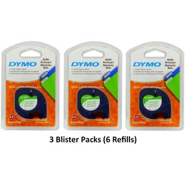 Dymo 10697 Self-Adhesive White Paper Labeling -Tape for LetraTag (LT) Label Makers; 3 Blister Packs (6 Refills); Each with Two 1/2" Wide x 13ft Long (12mm x 4m) Refill Rolls
