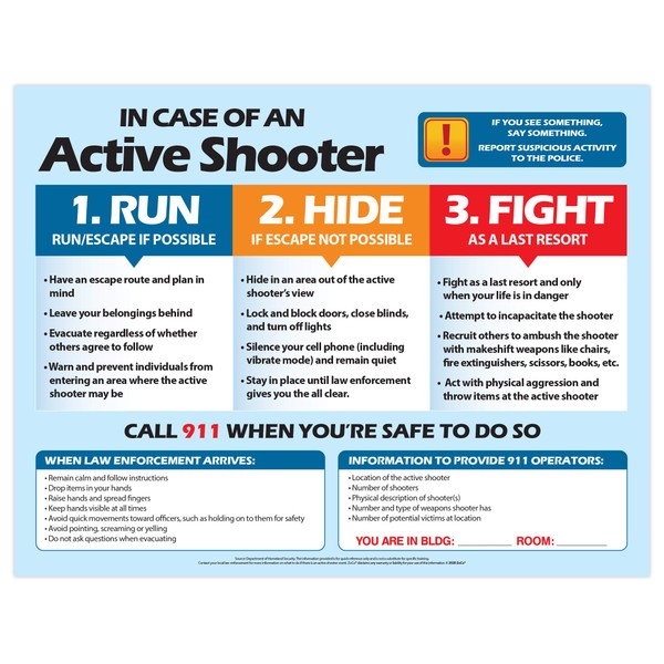 Active Shooter (Run, Hide, Fight) Poster - School and Workplace