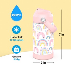 Ntswasd Stainless Steel Drinking Bottle, Straw, Thermos Flask, 350 ml, BPA-Free, Leak-Proof Thermal Water Bottle for School, Sports, Children (Rainbow)