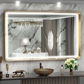 Hasipu LED Bathroom Mirror with Lights 40 x 26 Inch, Gold Metal Frame Light Mirror for Vanity Anti-Fog, Dimmable, 3 Colors (Horizontal/Vertical)