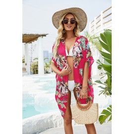 Ivay Womens Floral Kimono Duster Cardigans Short Sleeve Draped Oversized Beach Cover Up Cape (Rose Red, Small)