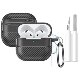 Case for AirPods 4 Case with Cleaner Kit, Compatible with Airpods 4th Generation Full Drop Protection Cover with Keychain Carbon Fibre Style (Cyber Series, Black)