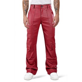 GINGTTO Men's Faux Leather Pants Stacked Flared Cargo Pants for Men Punk Biker Pants Red 30