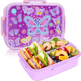 PinkSheep Bento Lunch Boxes for Kids, 1200 ml BPA-Free Leak-Proof Children Food Containers with 3 Compartments (Butterfly)