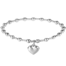 Jude Jewelers Stainless Steel Beaded Chain Heart Charm Wedding Statement Party Bracelet (Silver)