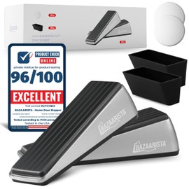 Home Door Stopper Heavy Duty Wedge - Made of Premium Quality Set of 2 Wall Bumpers Self Adhesive with Holder Storage - Rubber and Zinc Suits Any Floor Any Door Plus Extra Strong Metal Doorstop