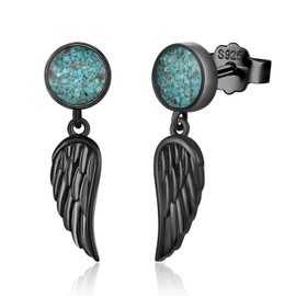 KoyeKei Black Angel Wing Earrings 925 Sterling Silver Turquoise Feather Wing Dangle Drop Earrings Punk Gothic Jewelry Christmas Gifts for Women Men