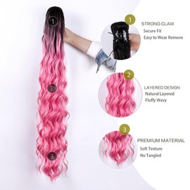 Ponytail Extension Synthetic Loose Wavy Clip in High Ponytail for Women Seamless 80cm Thick Ponytail Hairpiece (Black/Pink)