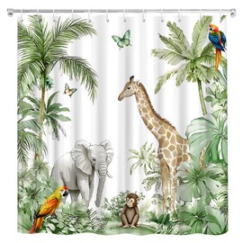 HYEEHY Jungle Animal Shower Curtain Forest Giraffe Elephant Rainforest Tropical Safari Green Plant Wildlife Zoo Parrot Watercolor Shower Curtains Set Bathroom Polyester Fabric Hooks (70" W x 70" L)