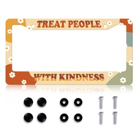 LIN KANG Treat People with Kindness License Plate Frame Cute Flower License Plate Holder Universal Stainless Steel Auto Parts Rust-Proof Waterproof Car Decorative Tag Frame for Standard US 12x6 Inch