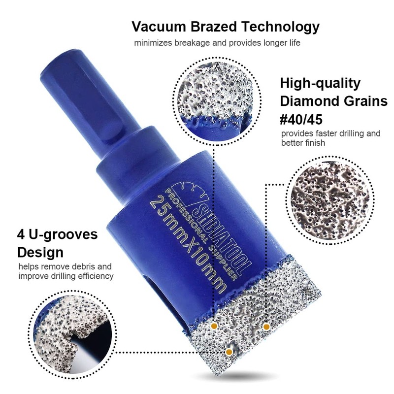 SHDIATOOL Diamond Drill Core Bits Set for Porcelain,Triangle Shank Hole