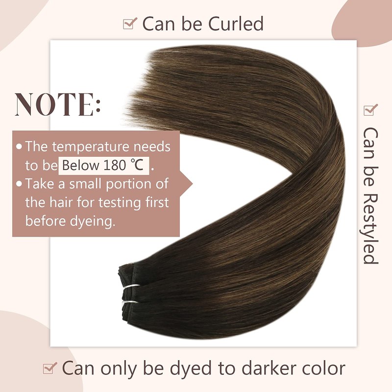 YoungSee Brown Human Hair Weft Extensions 16inch Darkest Brown Balayage