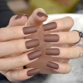 CoolNail Matte Coffee Brown Square Head False Nails Middle-long Full Cover Chocolate Fake Nail Acrylic Nail Tips Finger Art