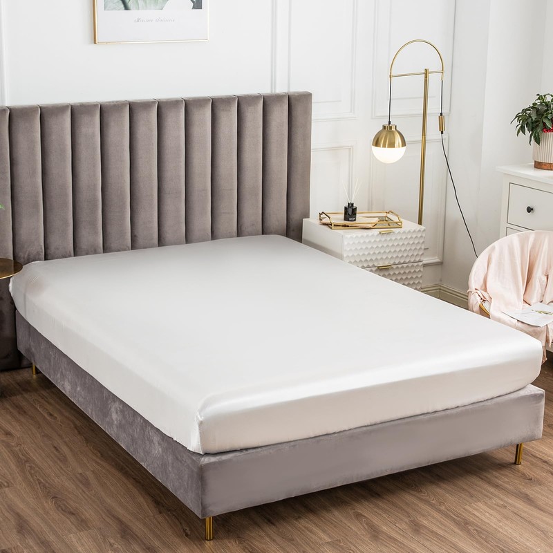 Morbuy Double Fitted Sheet Satin Silk Bed Sheets, White Fitted