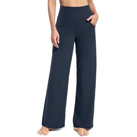 Promover Yoga Pants with Pockets for Women Wide Leg Pants High Waist Workout Pants Tummy Control Work Pants(Dark Navy,L,Petite)