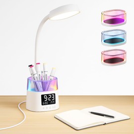 Led Desk Lamp with Pen Holder, Touch Lamps for Nightstand with 3 Color Modes, Eye-Caring Bedside Reading Light with Clock, Office Lamps Stepless Dimming, Lamp for Dorm Room, Suitable for Kid/Girl/Boy