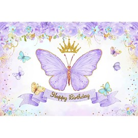 Xiaoterna 1.5 x 1 m Butterfly Birthday Background Happy Birthday Purple Butterfly Rose Photography Background Watercolour Flower Gold Sparkling Crown Photography Background
