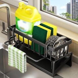 Sink Organiser, Kitchen Organiser, Sink with Self-Draining | Stainless steel sink organiser for sponges, towels, tea towels, brushes, organiser for kitchen and bathroom