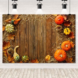 LFEEY 5x3ft Fall Thanksgiving Backdrops for Photography Pumpkins Dry Hay Leaves Rustic Brown Wood Board Festival Decoration Thanksgiving Photography Background Kids Baby Portrait Photo Studio Props
