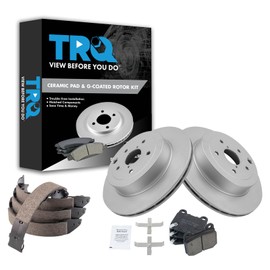 TRQ Rear Brake Pad & Rotor Kit Brake Pads Brake Rotor Parking Brake Shoe Set Ceramic Premium G-Coated Compatible with 2015-2017 Subaru WRX STI