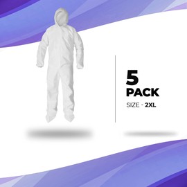 AMZ White Hazmat Suits, X-Large. Pack of 5 Lightweight Microporous Disposable Coveralls with Hood, Boots, Elastic Wrist, Lower Back, Zipper. Breathable Durable 60 GSM Painters Suit Disposable