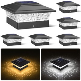 Solar Post Cap Lights Outdoor 6pack, Waterproof Solar Powered Deck Fence Post Lights Fit 4x4 Wood/Vinyl Posts, Black Deck Post Lights with Warm/Cool White for Garden, Patio, Porch, Fence