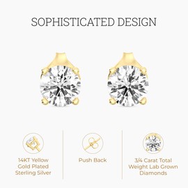 Gilded 3/4 Carat Total Weight Lab-Grown Diamond 14KT Gold Plated Silver Stud Earrings for Women| Hypoallergenic Fine Jewelry | 4-Prong Basket, Push Back Nut | SI1 Clarity, F Color, Round Cut