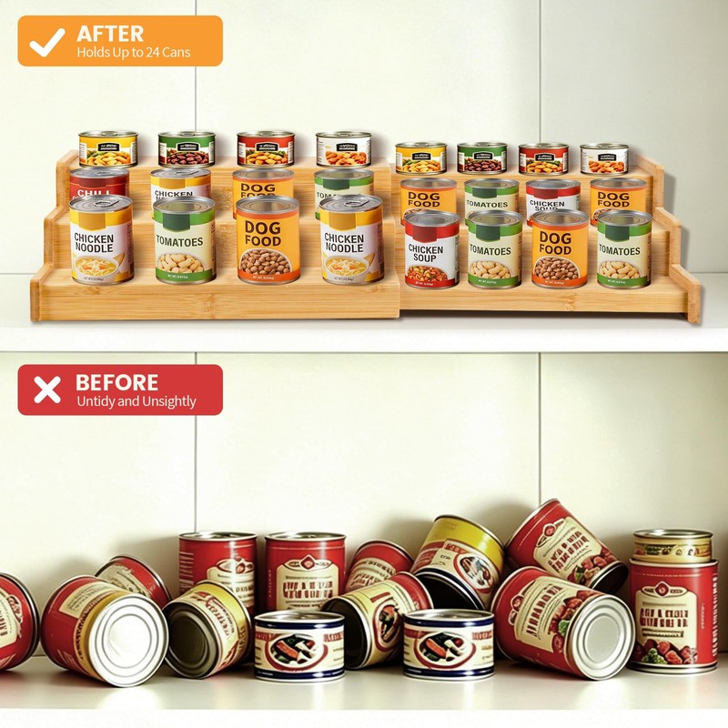 Expandable Bamboo Can Rack Organizer, 3 Tier Canned Food Storage