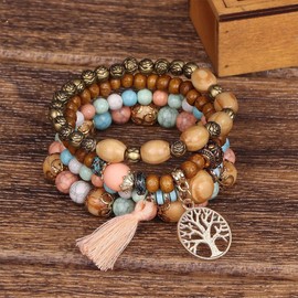 LICHUANUK Boho Pack of 4 Bracelets Wooden Beads Tassel Bracelet, Chakra Bracelet for Women, Natural Crystal Healing Stones Bracelet, Women Tree of Life Charm Statement Bangles, Crystal Pearl