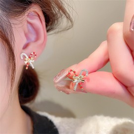 Candy Cane Crystal Small Stud Earrings Gold Plated Funny Cute Christmas Crutch Bowknot Sparkly Rhinestone CZ Enamel Red Green Tiny Earrings for Women Xmas Party Decoration Holiday Fashion Jewelry Gifts (Candy cane studs)