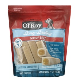 Ol Roy Long Lasting Munchy Dog Bones, Bacon & Cheese Flavor, 20 oz, 7 Chews for Medium & Large Dogs, Highly Digestible, Helps Reduce Plaque & Tartar, Tasty Center, Rawhide-Free, Chewing Reward
