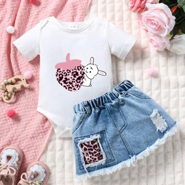 LUVCES Newborn Baby Girl Clothes Letter Print Ruffle Romper+ Jeans Ripped Denim Skirt Infant Outfit Set 0-18 Months, D: White Rabbit, 12 - 18 months