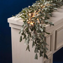 Fall Garland for Mantle with Lights - 5 Ft, 100 White LED, Battery Operated, Frosted Greenery, Pearl Beads, Fireplace Decoration/Thanksgiving Table Decor
