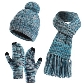 Yutdeng Hat and Scarf Gloves Set for Women Knitted Pompom Hat Tassel Long Scarf and Touchscreen Gloves Set Ladies 3 in 1 Cold Weather Warm Set,Blue