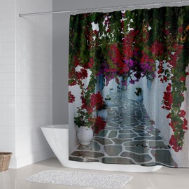 DDS-DUDES 4Pcs Alley Flowers Shower Curtain Sets, Garden Alley，Stone Alley，Street View Shower Curtain Sets for Bathroom with Non Slip Rugs, Toilet Cover and Bath Mat, 12 Plastic Hooks (Garden Alley)