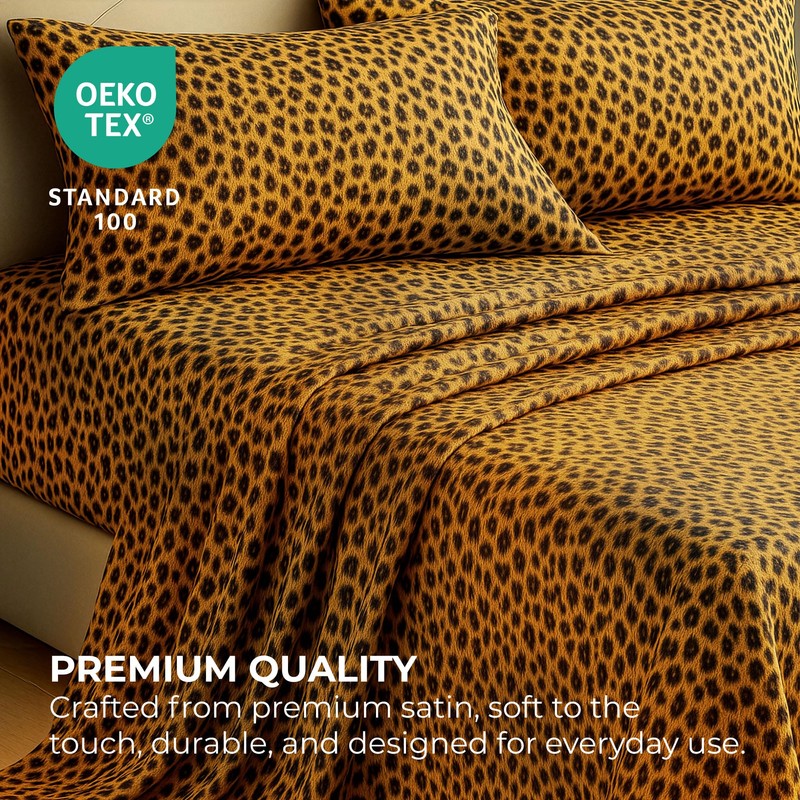 Satin Sheets Full [4-Piece, Gold Leopard] Hotel Luxury Silky Bed