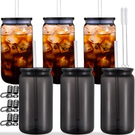 Alohastarttg Mason Jar Cups with Lids and Straws, 16 oz Reusable Plastic Tumblers for Whisky, Soda, Tea, Juice, Beer, Coffee, Milk Tea, Gifts, 6 Pack (Clear Black, Black)