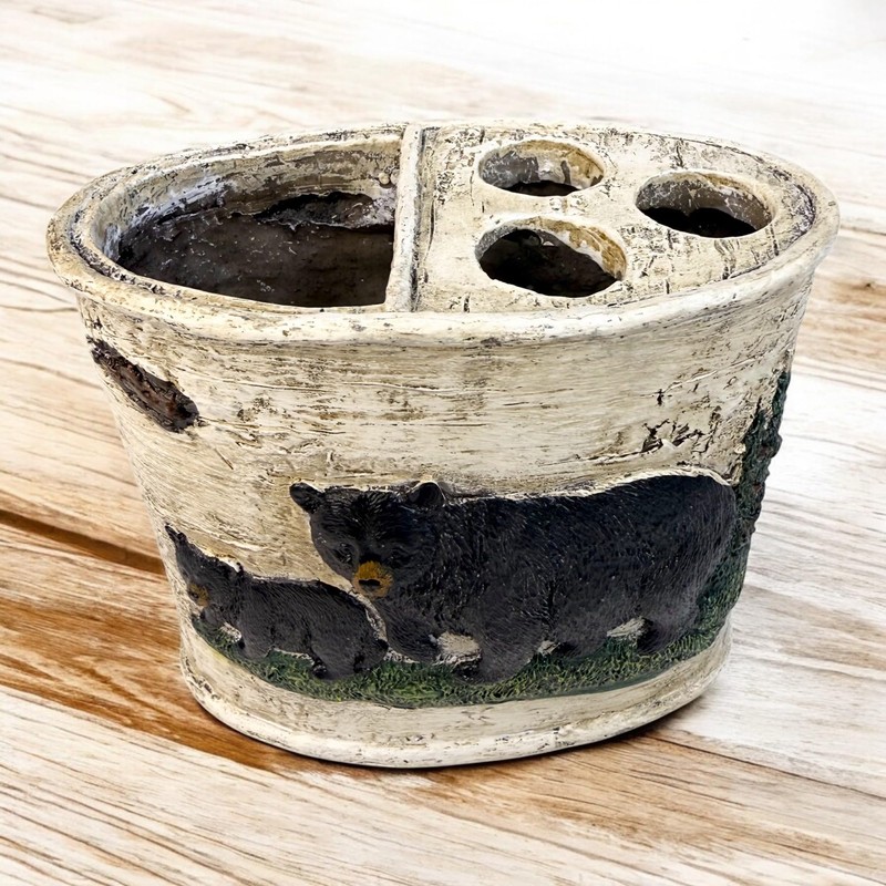 Rustic Black Bear and Cub Toothbrush and Toothpaste Holder –