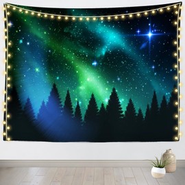 CORFOTO Fabric Northern Lights Tapestry Norwegian Pine Trees Aurora Borealis Wall Tapestries for Kids Men Bedroom Living Room Dorm Decor Picture Wallpaper 92Wx70H inches